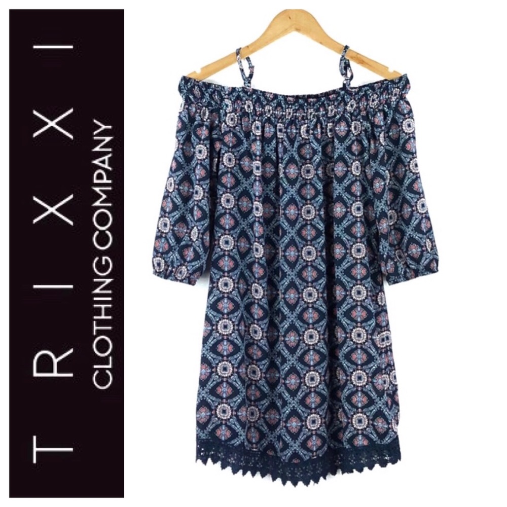TRIXXI | Navy Off the Shoulder Printed Dress